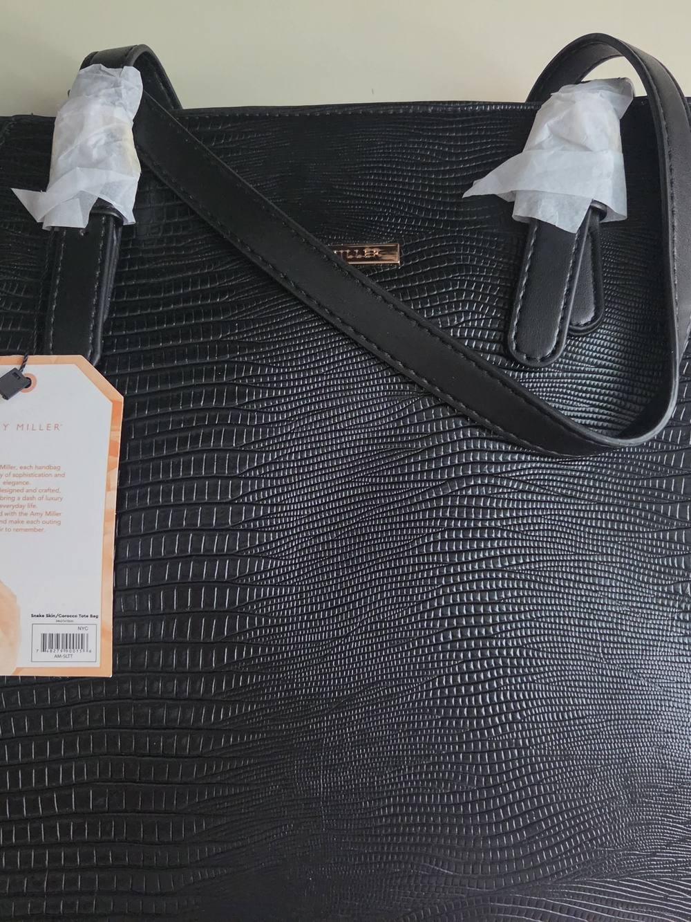 Amy Miller Black Textured Tote with Gold Logo Plaque
